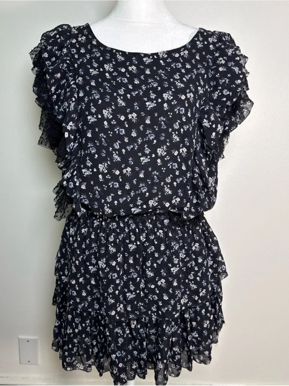 LoveShackFancy Katie 100% silk floral Mini dress Size Small Navy Chiffon Ruffle